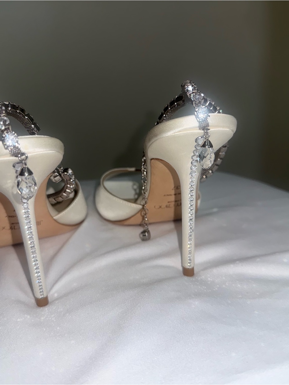 Jimmy Choo Saeda 100 Ivory Satin Crystal Ankle-Strap Sandals - Picture 7 of 10